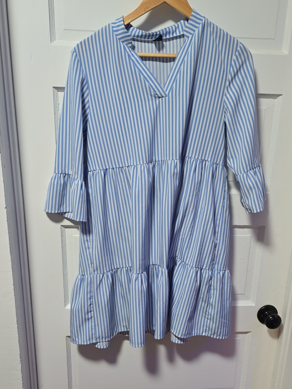 SHEIN Blue and White Vertical Stripe V‑Neck Tiered Dress
